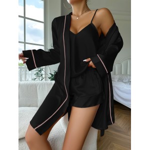 Ice silk pajamas women suspenders shorts robe three-piece summer comfortable and can be worn outside home wear