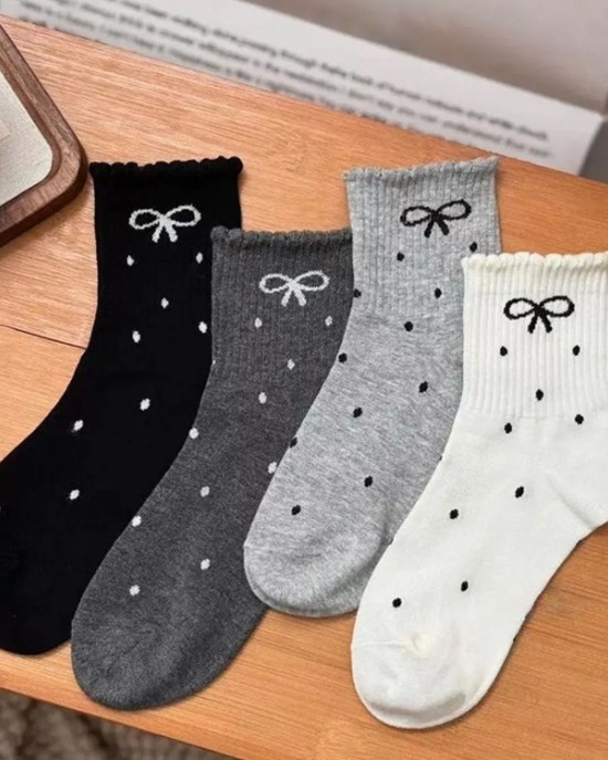 Cross Pod Cuff Stretch Mid Calf Socks Polka Dot Bow Socks Women Spring and Autumn