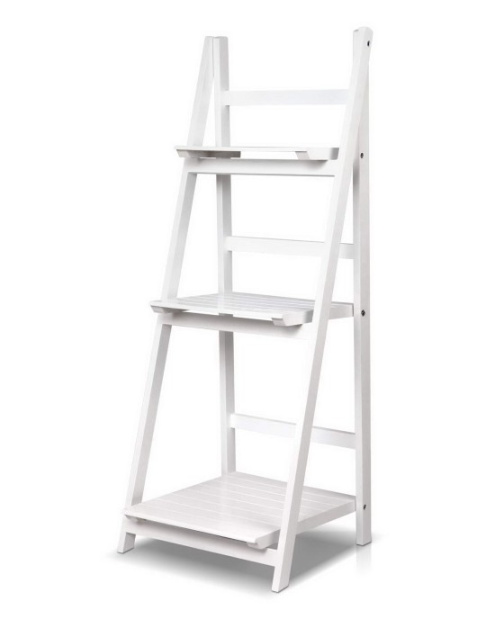 Display Shelf 3 Tier Wooden Ladder Stand Storage Book Shelves Rack White