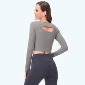 Winter new nude yoga suit with long sleeves for warmth and slimming, with chest pads and sexy exposed navel, fitness top for women