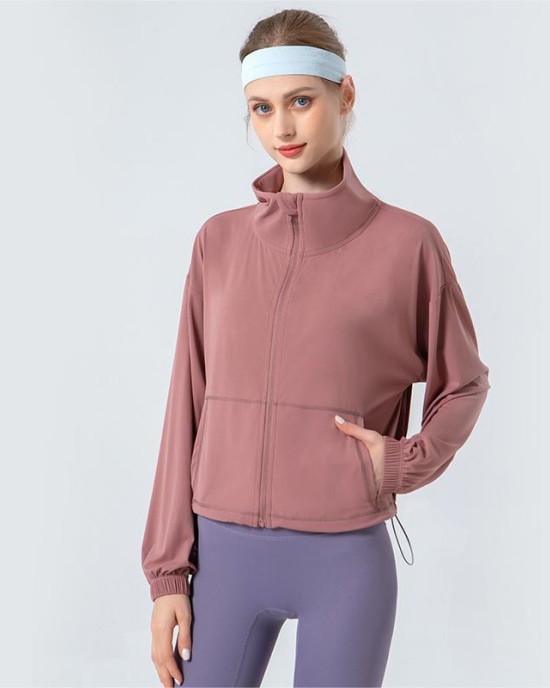 New stand up neckline drawstring yoga suit with cloud feeling, loose and simple slimming effect, jacket pocket, sports and fitness suit