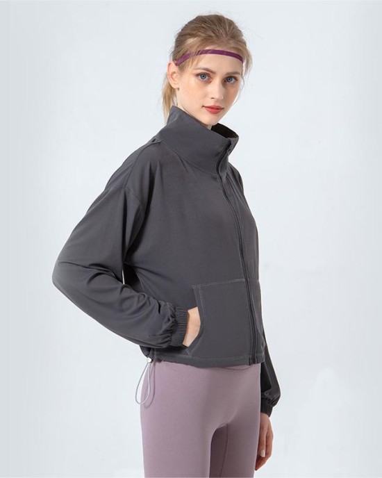 New stand up neckline drawstring yoga suit with cloud feeling, loose and simple slimming effect, jacket pocket, sports and fitness suit