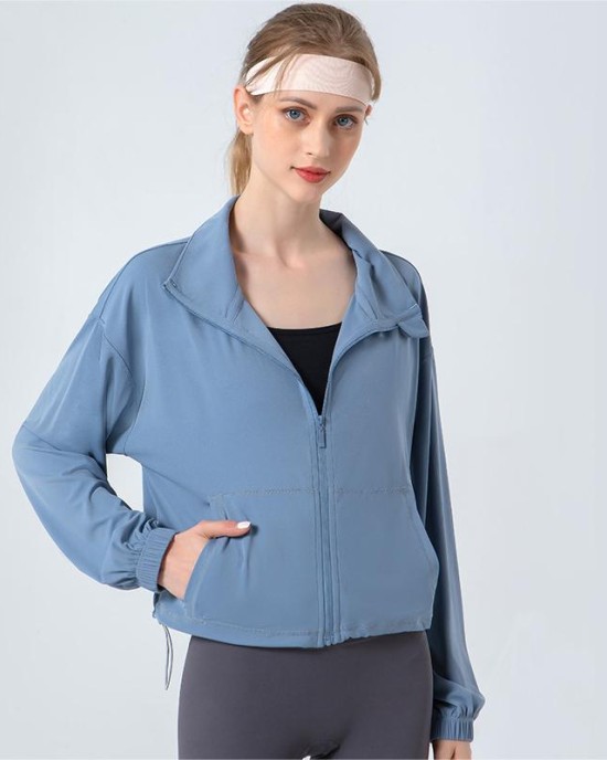 New stand up neckline drawstring yoga suit with cloud feeling, loose and simple slimming effect, jacket pocket, sports and fitness suit