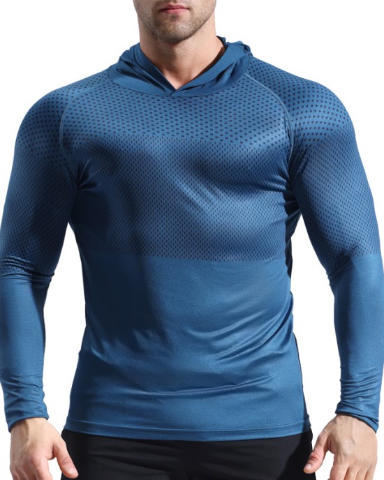 Running, bodybuilding, sweating and quick drying clothes, tight fitting long sleeved hooded fitness suit for men