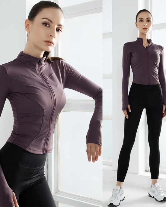 Yoga suit, autumn and winter top, long sleeved women's stand up collar, tight fitting fingertips, fitness, quick drying, running and sports jacket