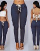 Pencil pants are hot selling for women with multiple pockets, drawstring straps, and a waist belt for women's casual pants