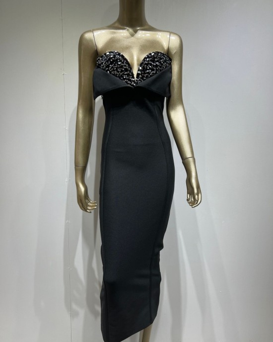 Best selling new bandage skirt stylish and elegant black sequined tube top long party skirt.