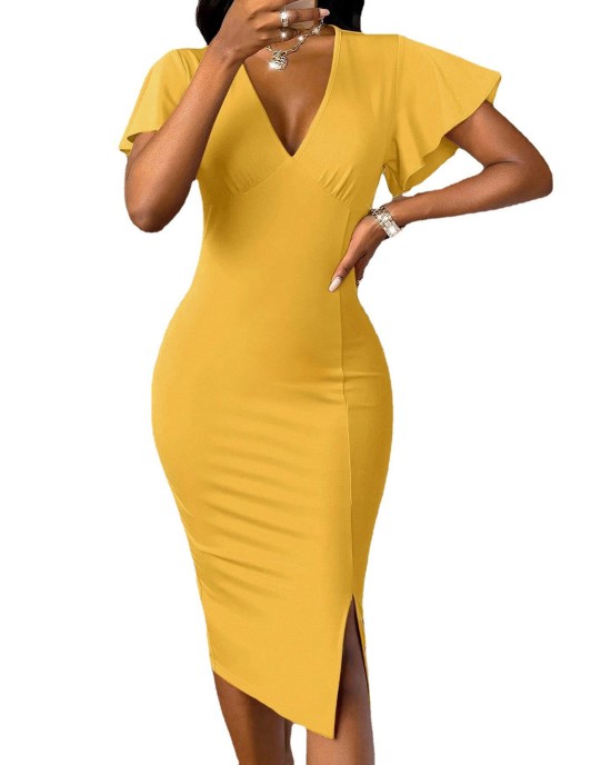 Sexy V-neck solid color slim split hip dress