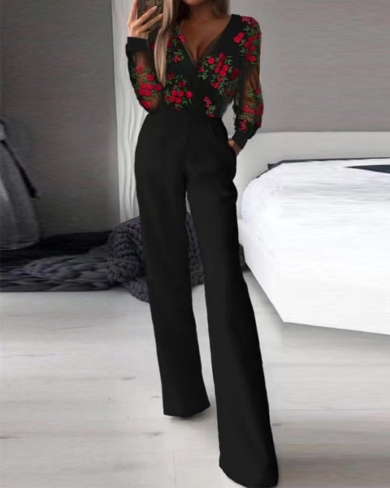 Waist simple stitching printing short sleeve long sleeve fashion tight slim jumpsuit