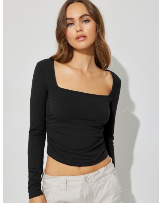 Sexy backless inner women's knitwear long-sleeved t-shirt spicy girl blouse square neck bottoming shirt